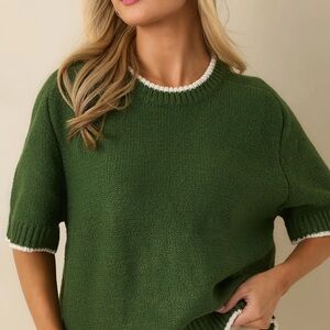 entro Green Crewneck Sweater with White Trim